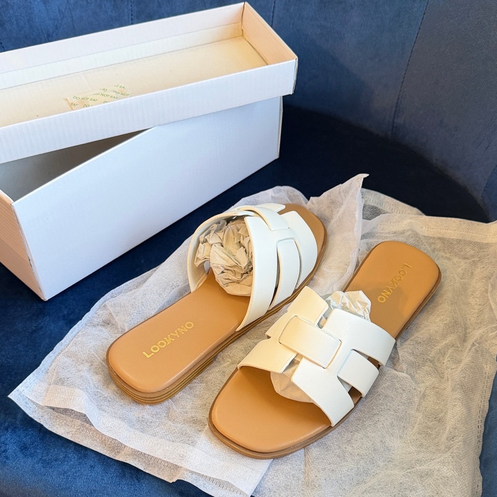 White Leather Slide Sandals for Women